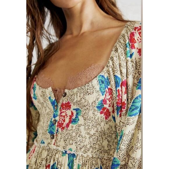 Free People Endless Summer Boho Puff Babydoll Peasant Cottagecore mini Dress M - Picture 4 of 7